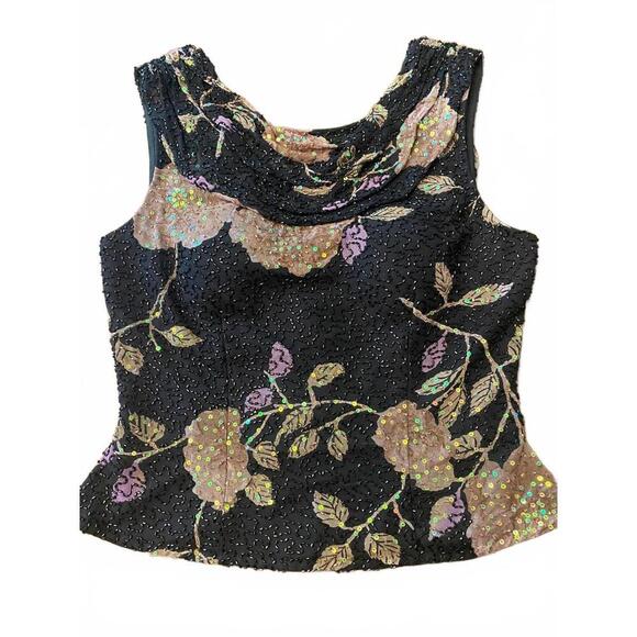 Andretta Donatello Elegant Silk Floral Beaded/ Sequenced Black Top - Picture 1 of 11